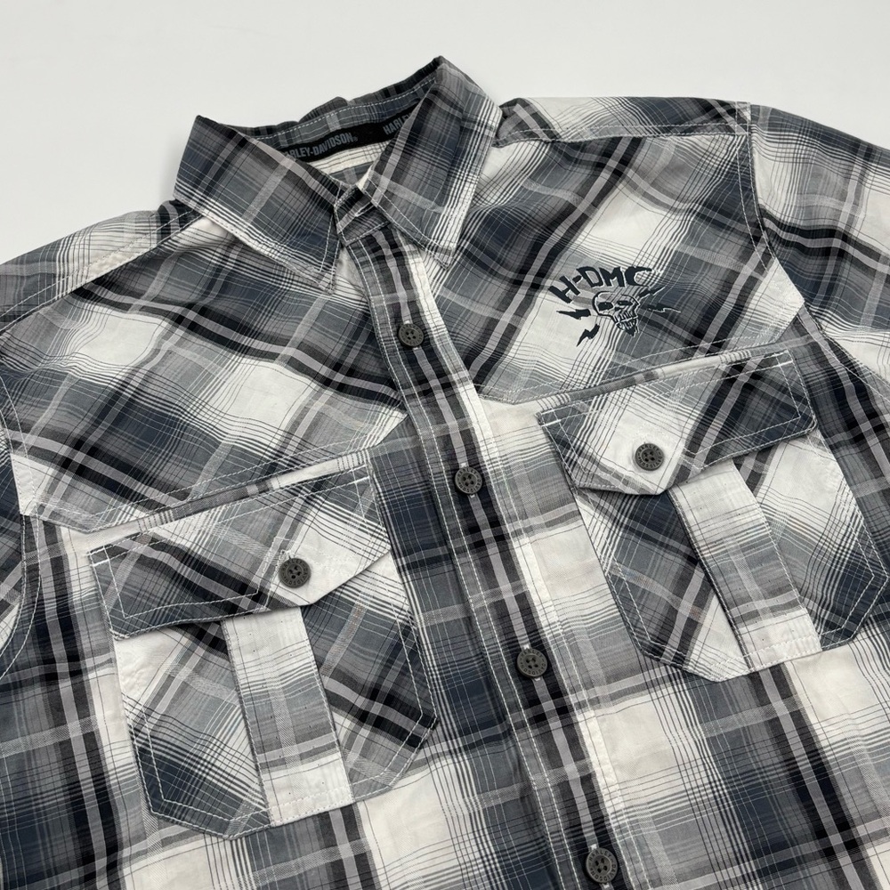 Harley-Davidson Men's M Cotton Gray Plaid Short Sleeve Button Down Shirt